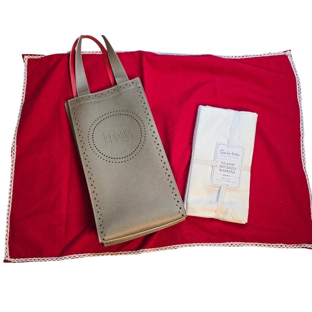 Sur La Table White Napkins Red Lace Runner JO BAG Gold Metallic Wine Tote Set